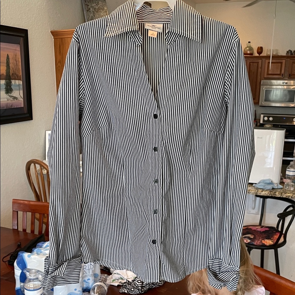 3/$30 Worthington women's charcoal and White Striped Shirt